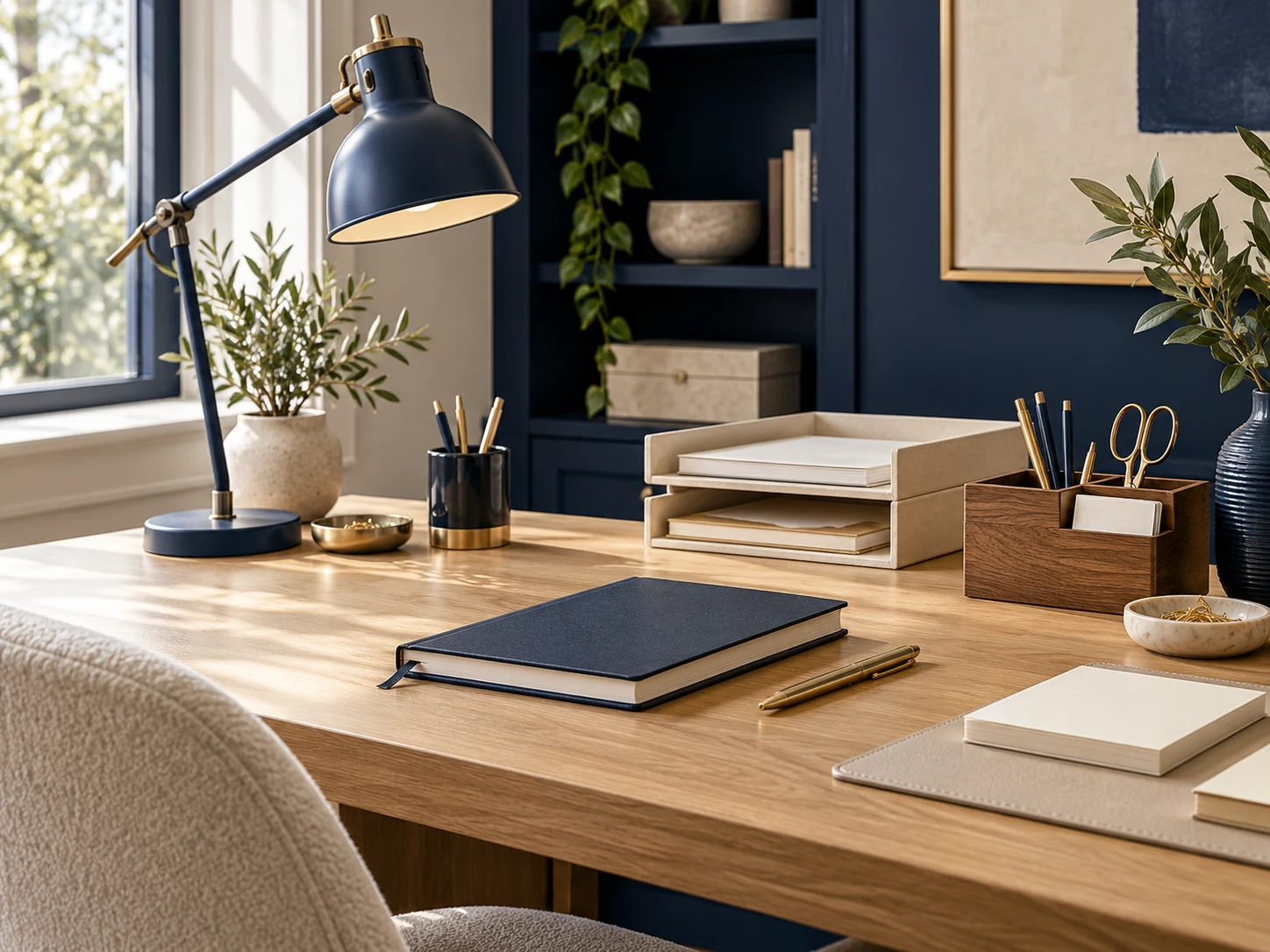 Escritorio ordenado con organizador de madera, cuadernos y útiles de papelería